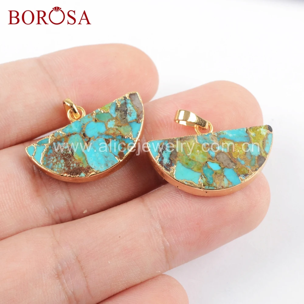 BOROSA оптовая продажа 5 шт. позолоченные медные бирюзовые полукруглые подвески