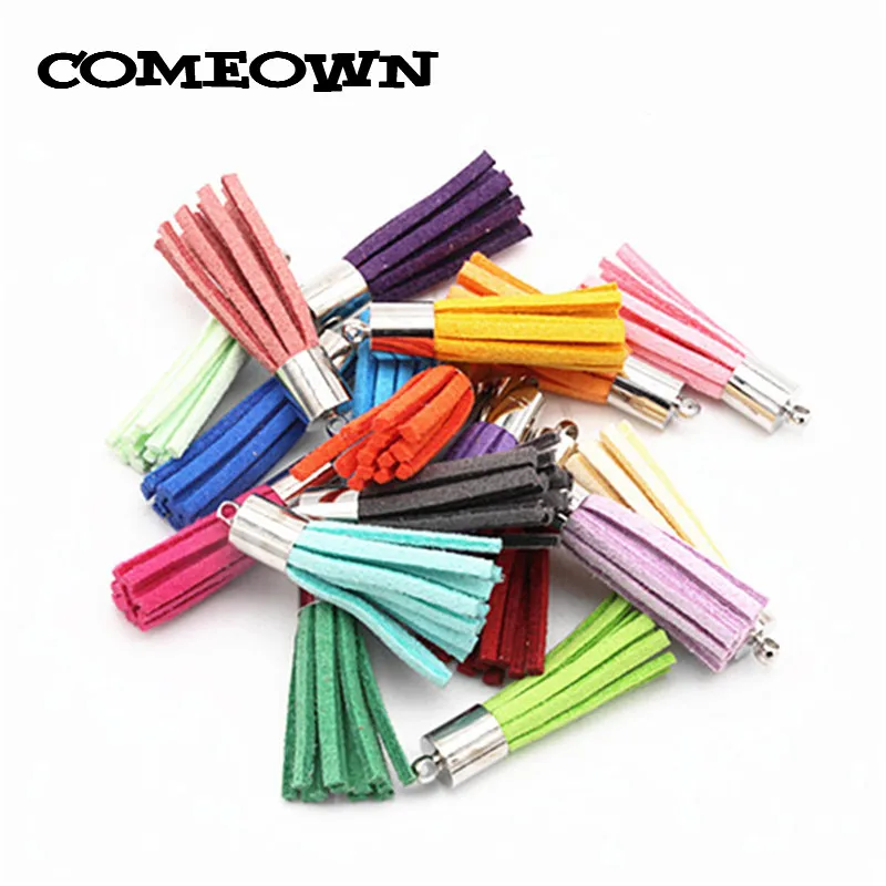 COMEOWN 100pcs 33mm Mixed Color Suede Leather Tassel Earrings Charm Pendant Silver Cap Tassels for DIY Jewelry Making Findings | Украшения