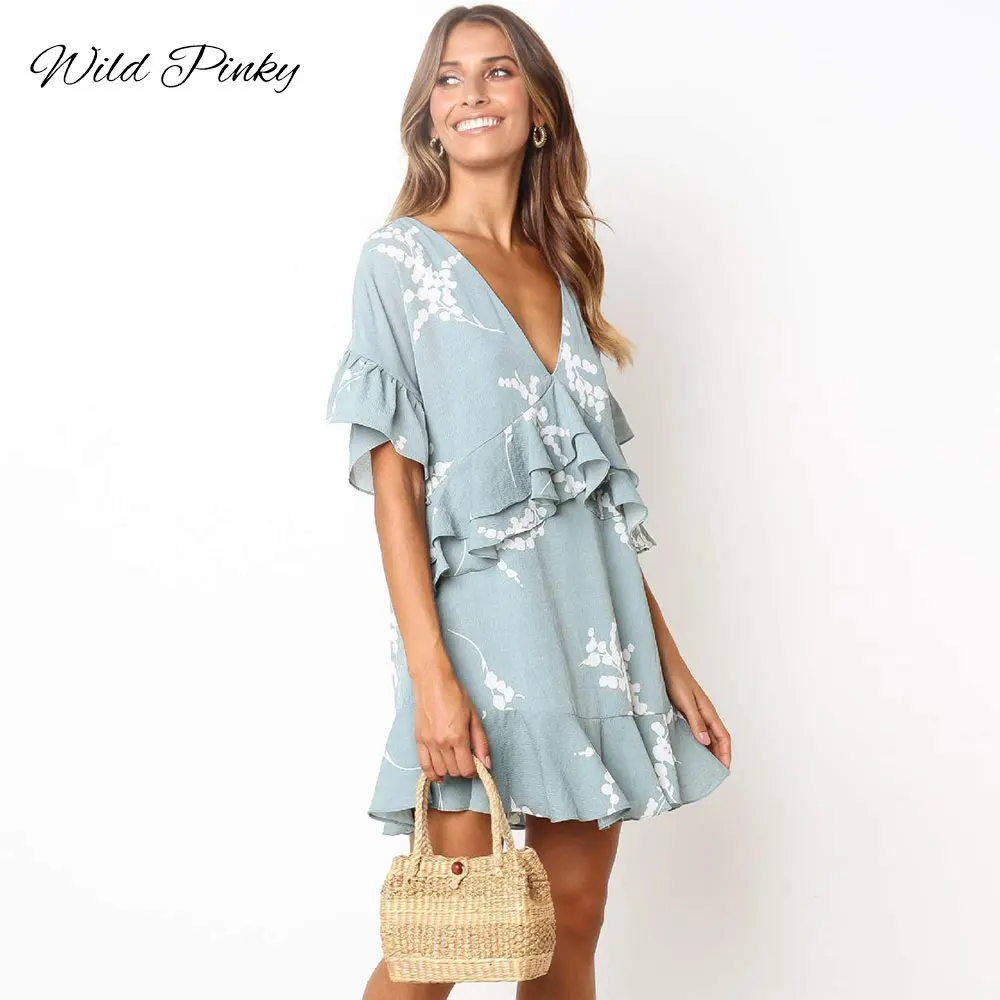 WildPinky Boho Элегантный принт оборками женское платье короткий рукав свободные