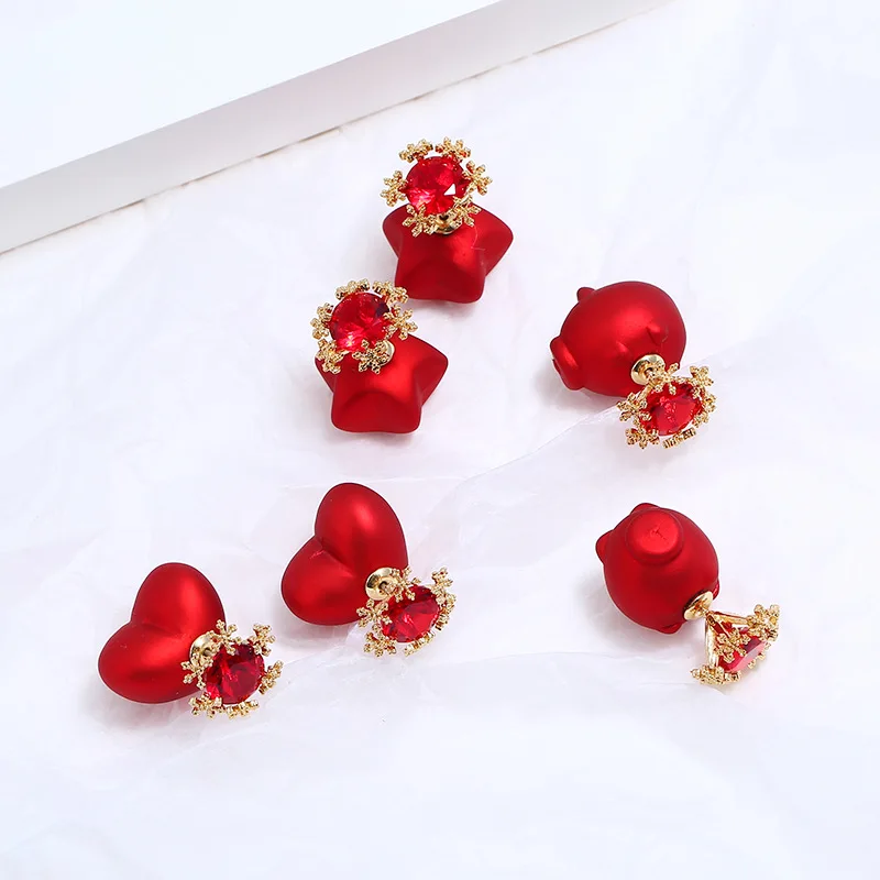 Red Crystal Snowflake Stud Earrings Wedding Party Bridal Heart Star Fashion Jewelry Accessories For Women Gifts | Украшения и