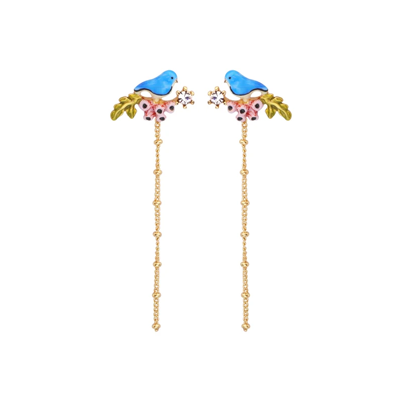 Juicy Grape Enamel Glaze Copper Gilded Spiral Earrings for Women Ear Hook Clip Blue Bird Animal Fashion Jewelry | Украшения и