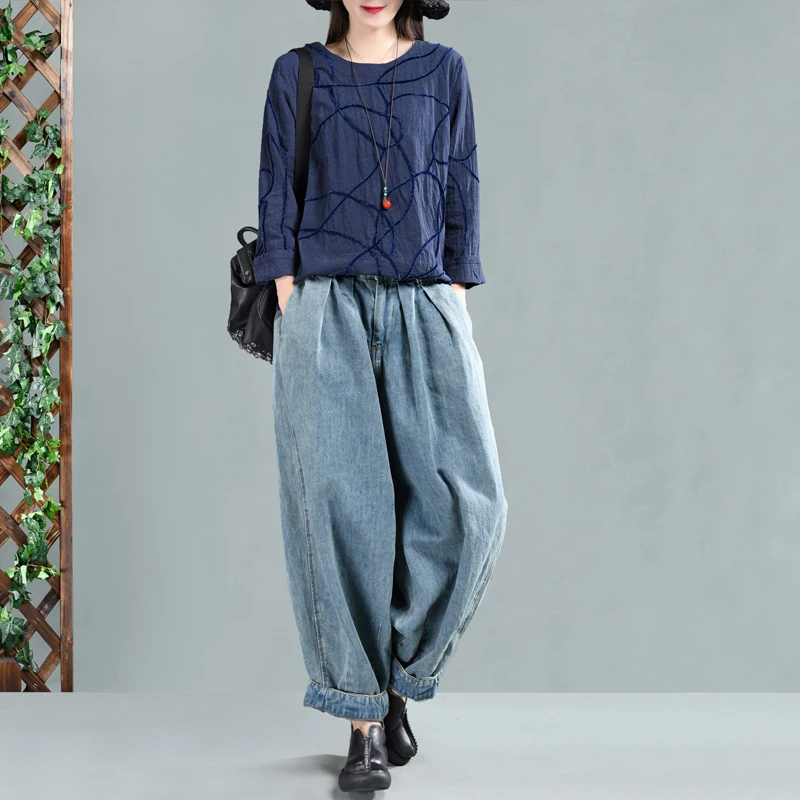 2019 New Women Loose Jeans Casual Denim Harem Pants Plus Size Elastic Waist Washed Trousers |