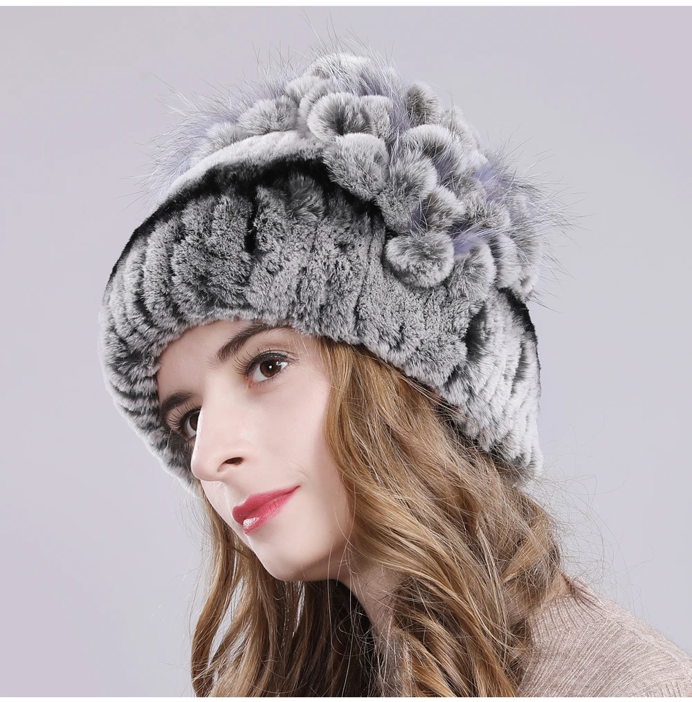 Новые русские Женские Настоящий мех кролика Skullies шапки Роскошные вязаные цветы натуральная шапка из меха кролика рекс зимние натуральный мех шапочки
