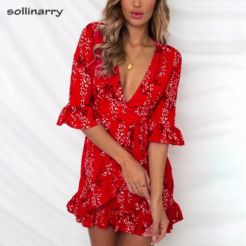 Sollinarry 2019 красное сексуальное летнее платье с рукавом-бабочкой v-образный вырез