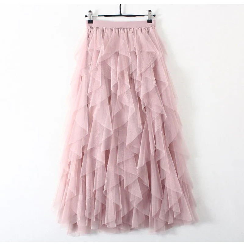 Fashion Korean Pink Tutu Tulle Skirt Women Long Maxi Skirt 2021 Spring Summer Black Grey Beige High Waist Pleated Skirts Female