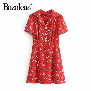 O43 red 6806 Bazaleas винтажное красное женское платье с цветочным принтом, модное женское платье с 3 пуговицами, повседневное платье, Прямая - Цвет: O43 red 6806