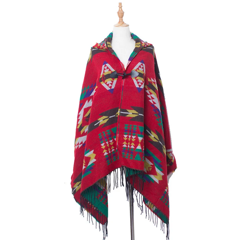 

Fashion Winter Poncho Feminino Inverno with Cap Boho Bohemian Soft Blanket Oversized Fringed Scarf Wraps Shawl