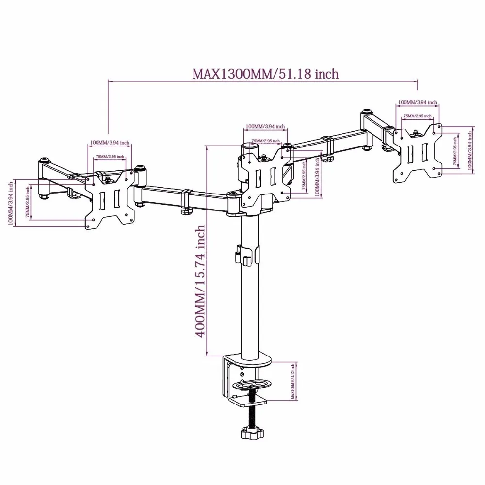 Полностью регулируемый тройной кронштейн с тремя светодиодными ЖК мониторами и