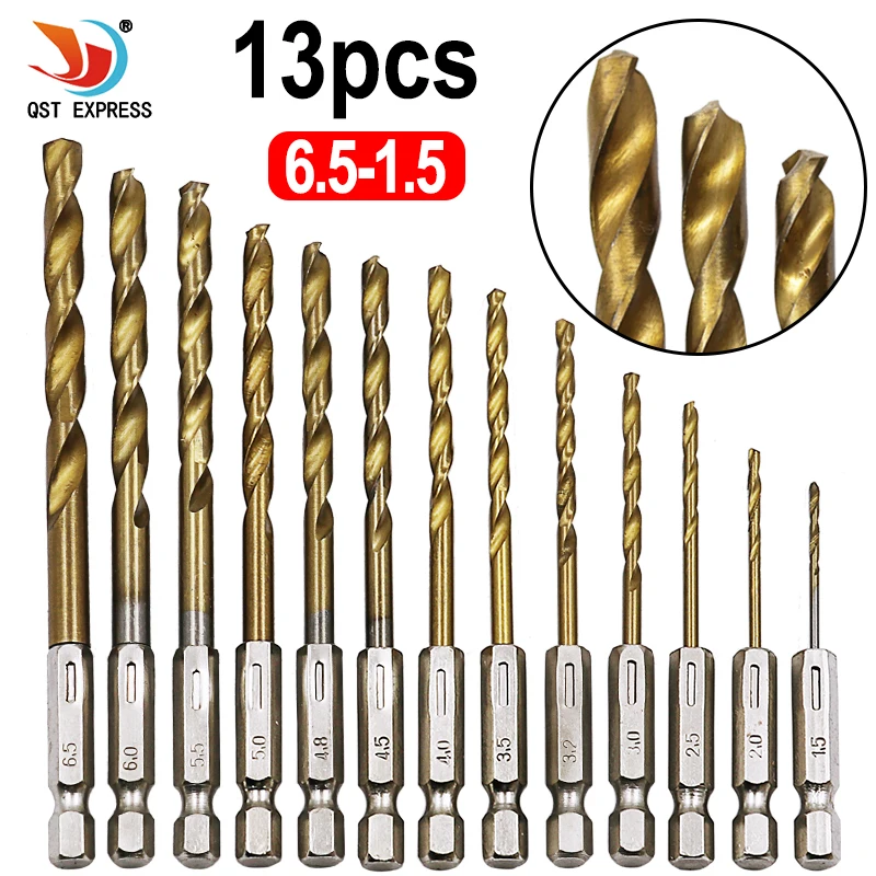 

13pcs HSS Titanium Coated Hex Shank Drill Bit Set Hexagonal Handle Twist Drill1/4 High Speed Steel Tools1.5-6.5mm