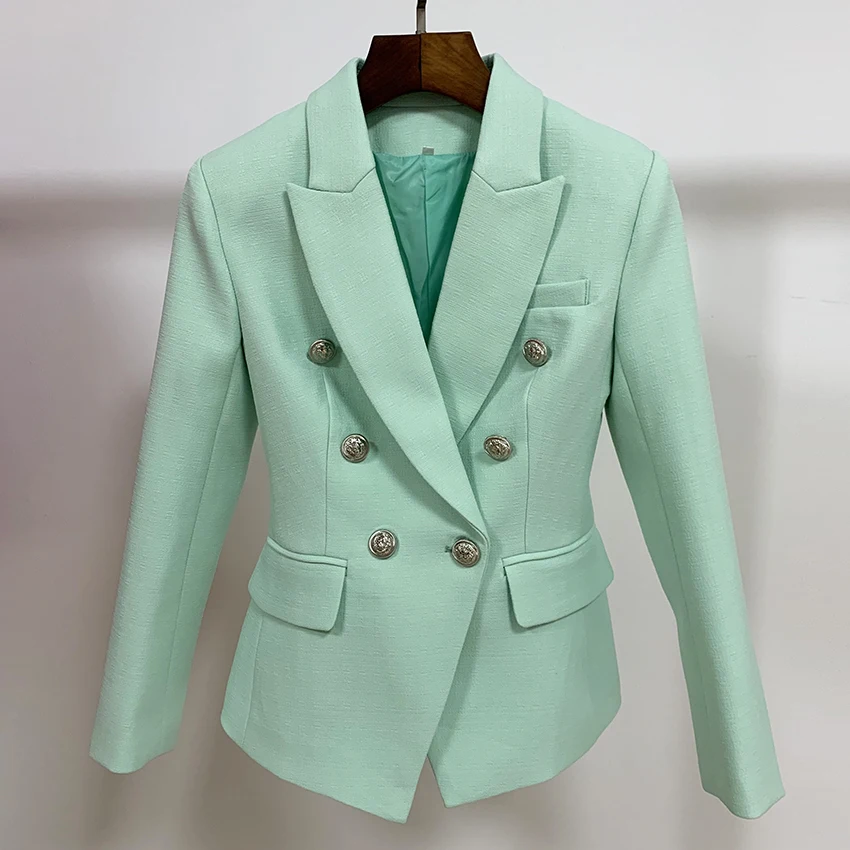 HIGH STREET Classic Baroque Designer Blazer Jacket Women's Metal Lion Buttons Double Breasted Textured Blazer Mint Green