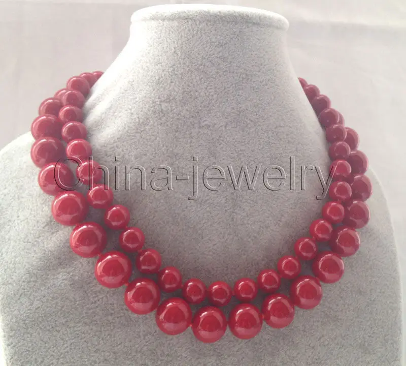 

17-18" 2row 10-14mm perfect round red coral color south sea shell pearl necklace^^^@^Noble style Natural Fine jewe FREE SHIPPING