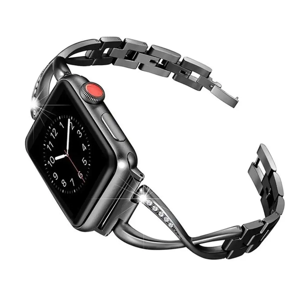 Алмаз+ нержавеющая сталь ремешок для часов iWatch Apple Watch Series 5 4 3 2 1 38 мм 40 мм 42 мм 44 мм Женский Ремешок Браслет - Цвет ремешка: Black