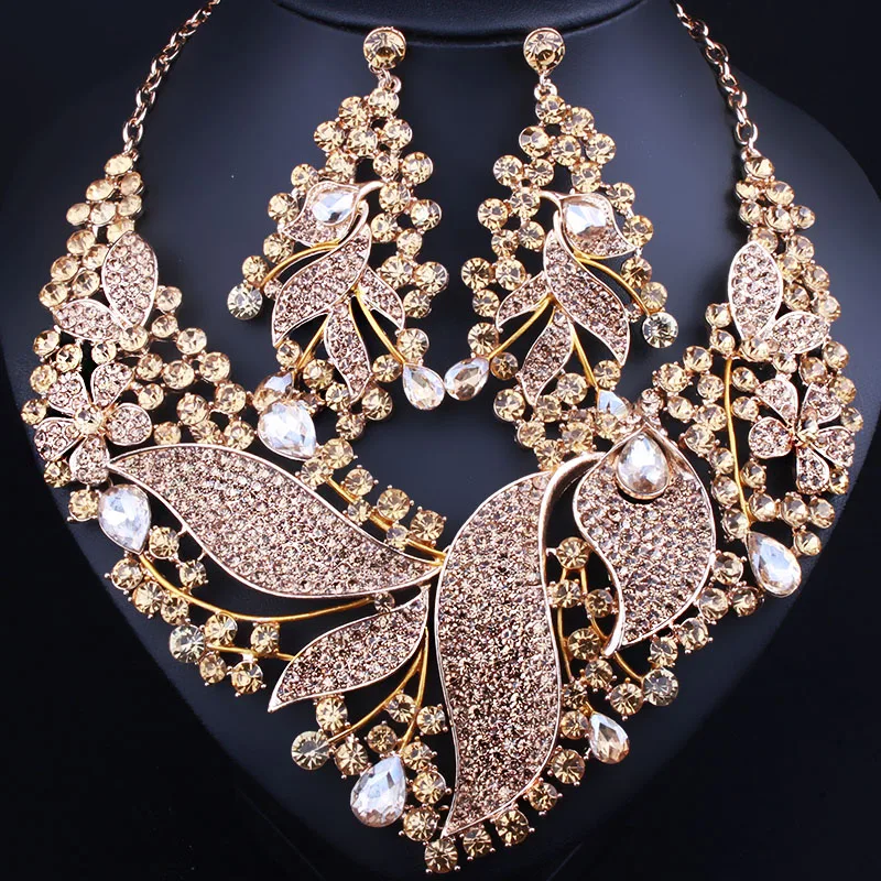Ожерелье и серьги в форме листа Стразы с кристаллами|luxury bridal jewelry sets|necklace earring