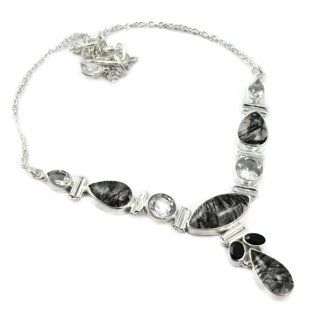 Genunie Black Rutile+ White Topaz Necklace 925 Sterling Silver, 41.5 cm, MHBNE0165
