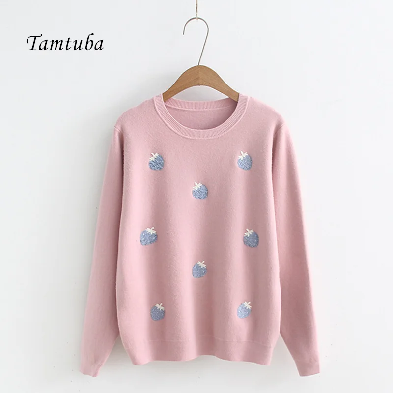 2017 Autumn Winter Warm O-Neck Long Sleeves Strawberry Embroidery Knitwear Women White Pink Knitting Shirt Sweater S589 | Женская одежда