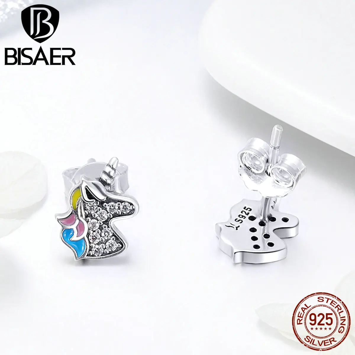 BISAER,, серьги, 925 пробы, серебро, Lucky Animal Horse, единорог, серьги-гвоздики для девочек, Bijoux, серебряные ювелирные изделия, Brincos GXE426