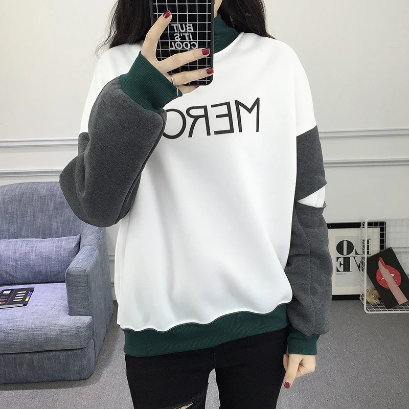 Autumn New Spell Color Stitching Harajuku Women Hoodies Pullover Fleece Loose Female Tracksuits Casual O Neck Sweatshirt | Женская