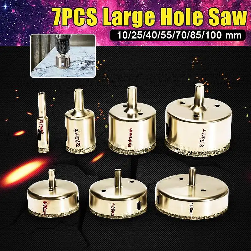 7PCS Large 10-100mm Diamond Hole Saw Tile Ceramic Glass Porcelain Marble Drill Bit Set