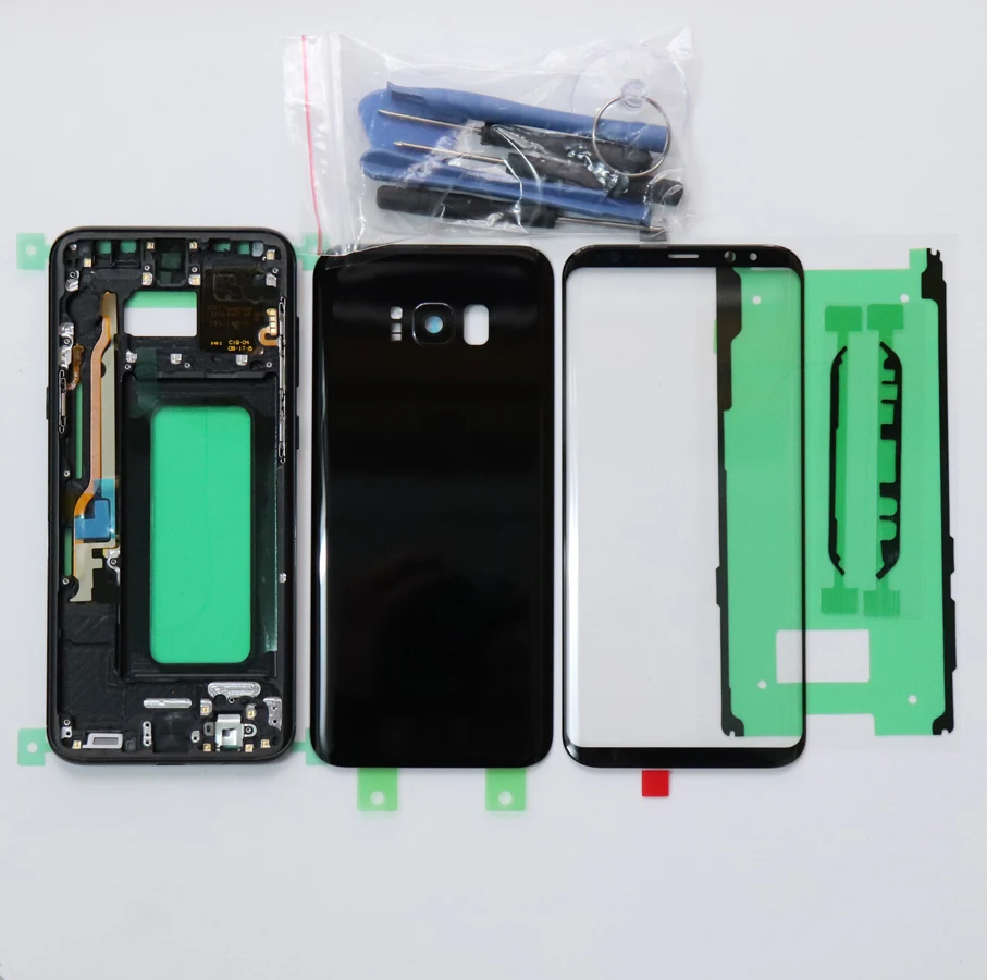 Полный корпус для samsung Galaxy S8 plus G950 G955 оригинальная средняя рамка Шасси+ Задняя стеклянная крышка+ Переднее стекло+ клей