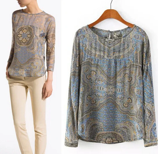 Ropa Mujer Free Shipping O Neck Long Sleeve European Vintage Printed Chiffon Blouse Fashion Women Tops WB017 |