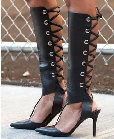 

Hot Selling Women Sexy Pointed Toe Black Leather Back Lace-up Gladiator Boots Cut-out High Heel Boots Dress Pumps New Shoes