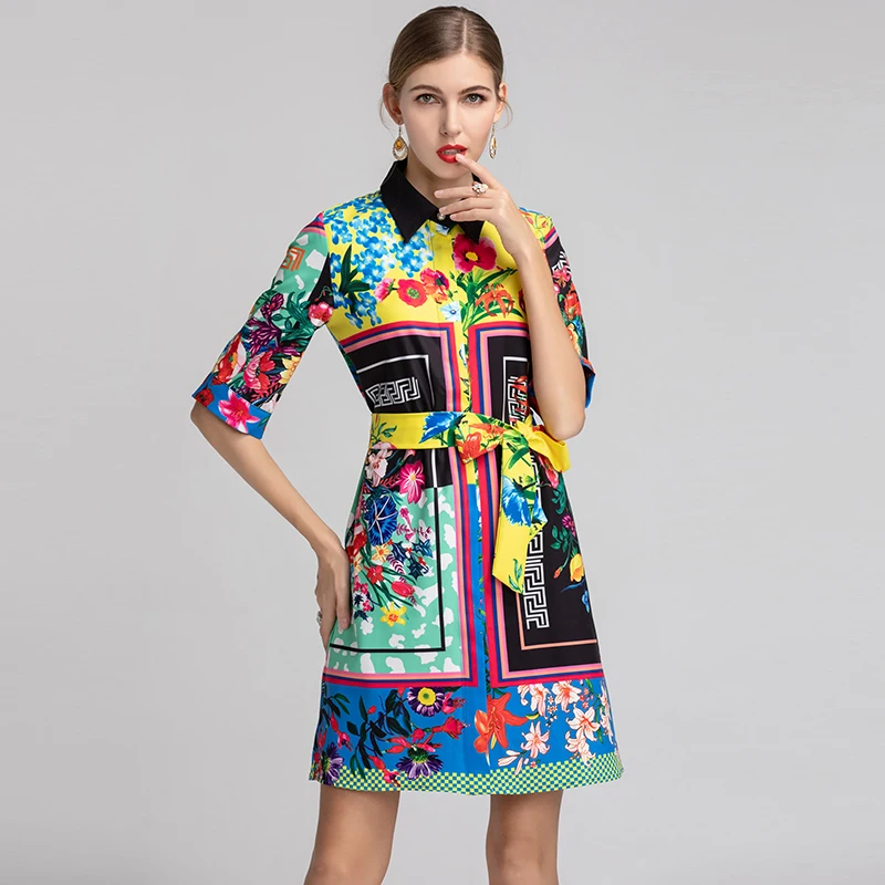 XF Bohemian 2019 модные дизайнерские с отворотом рукавом 1/2 цветочный принт + пояс летние