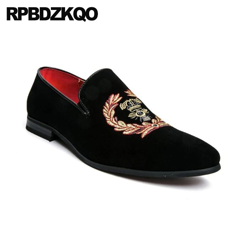 Embroidery Loafers Casual Black Velvet Mens Floral Embroided Slip On Cheap Large Size Rubber Pointed Toe Designer Flower Shoes | Обувь
