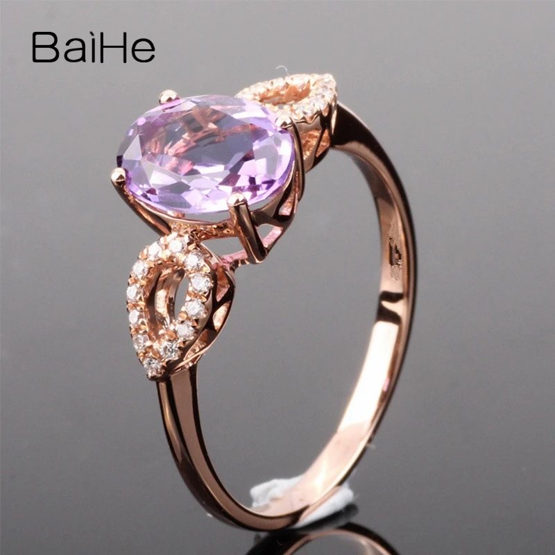 BAIHE элегантное женское кольцо с натуральными бриллиантами аметистом 10 к розовое