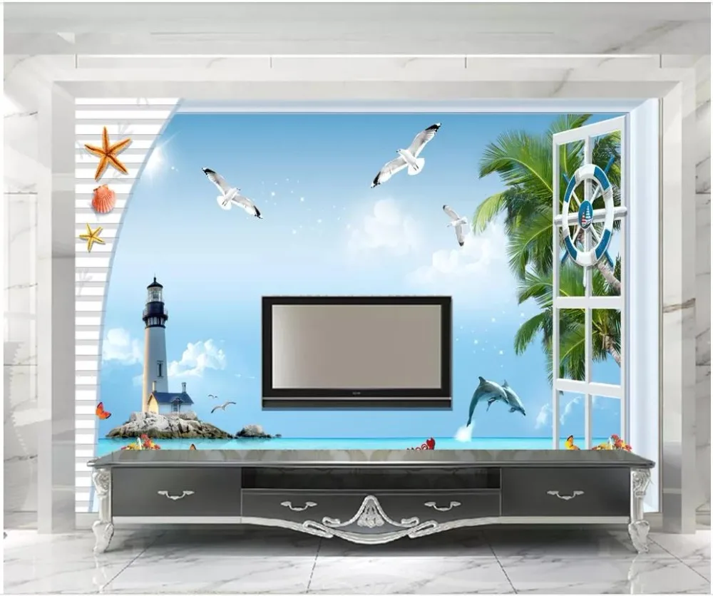 

Custom wallpaper 3d wallpaper for walls 3 d mediterranean wind sea blue sky lighthouse tree ,seabird seascape background wall