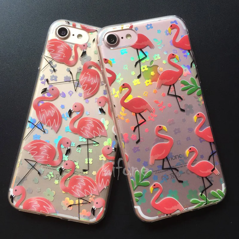 Kerzzil Lovely Cartoon Flamingo Ostrich Leaf Cover For iphone 7 Transparent Laser Flowers Phone Cases iphone7 6 6S PLus |