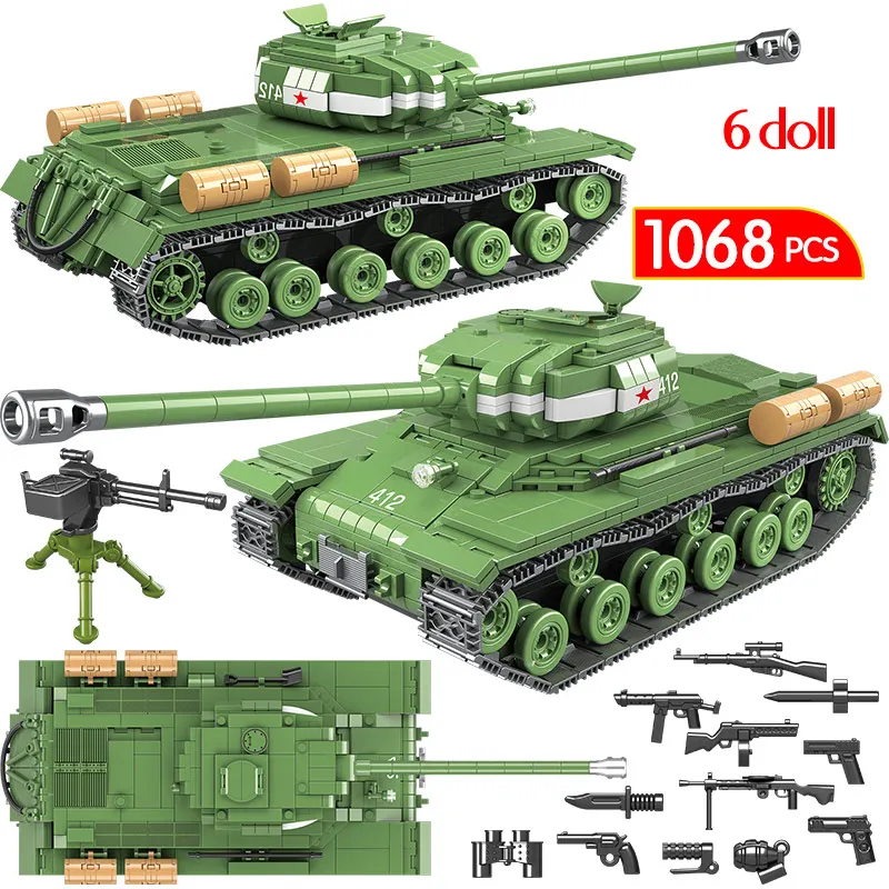 

1068pcs Military IS-2M Heavy Tank Soldier Weapon Building Blocks Compatible Tank WW2 Bricks Army 100062 Toys for Boys