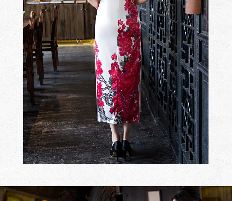 Qipao длинное шелковое китайское стильное платье с красной вышивкой cheongsam размера плюс длинное традиционное китайское платье для женщин