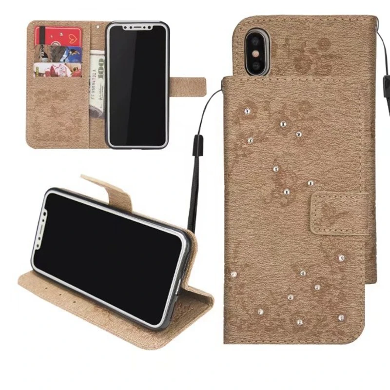 Flower Butterfly Bling Diamond Leather Wallet Case For Iphone X 8 7 6 6S Galaxy Note Card Slot Flip Cover Strap 50PCS |