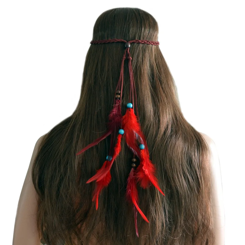Hot Bohemian Ethnic Festival Hippie Headdress Hair Accessories Bead Red Feather Indian Headband Piece Band African Jewelry | Украшения и