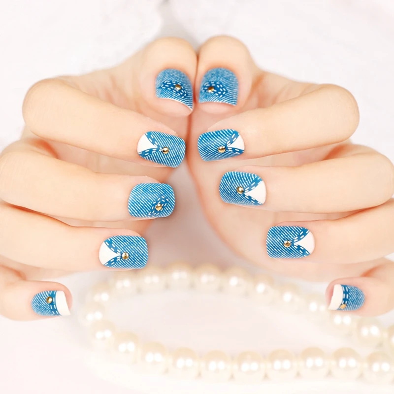 24 шт. короткие полностью покрывающие ногти синие джинсы с сплавными шпильками