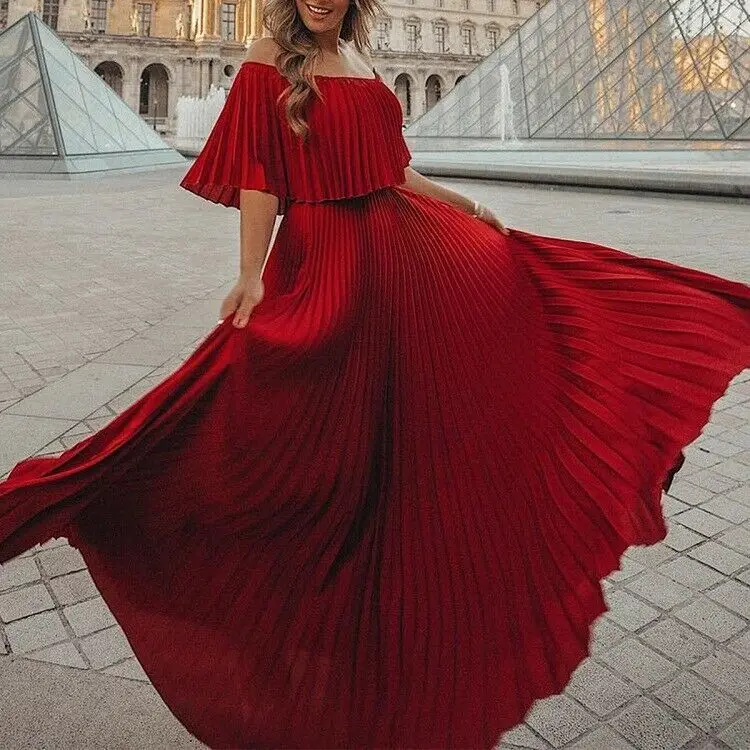 Женское длинное плиссированное платье Boho вечернее пляжное с открытыми плечами