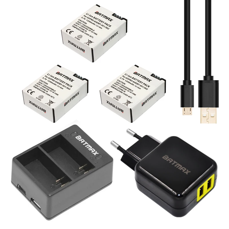 Batmax 3 шт. AHDBT 301 аккумуляторная батарея + USB двойное зарядное устройство 302 для Gopro Hero
