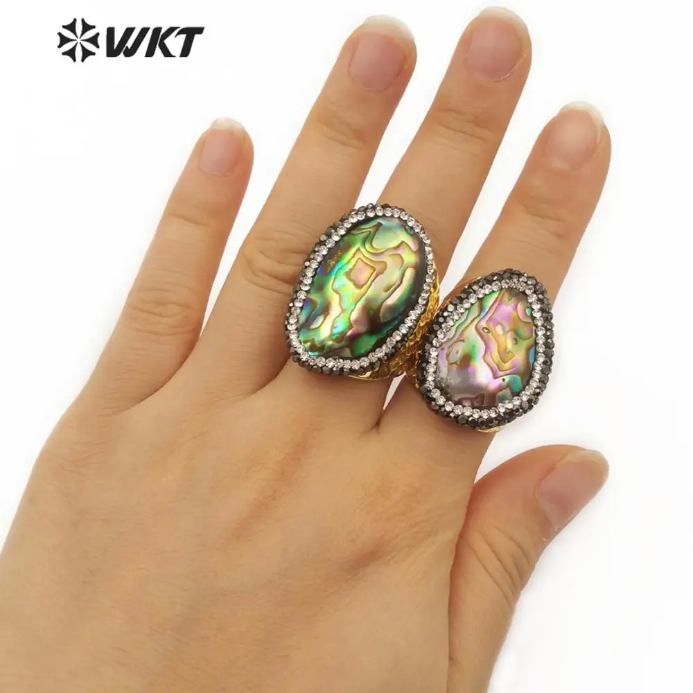 WT-RR030 Abalone Shell Ring with Rhinestone Pave Beautiful Rainbow Color Natural Sea Adjustable For Women | Украшения и