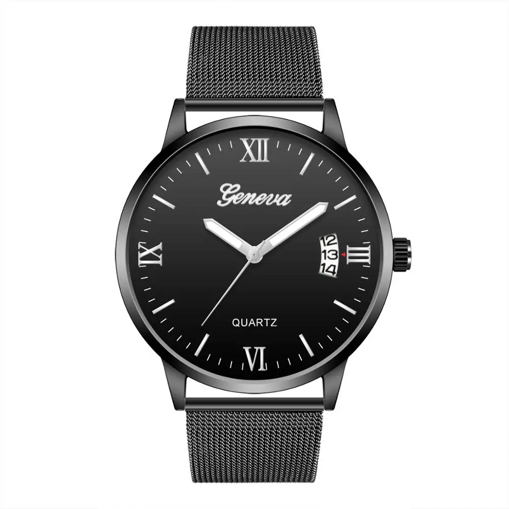 Часы мужские кварцевые с сетчатым ремешком из нержавеющей стали календарем