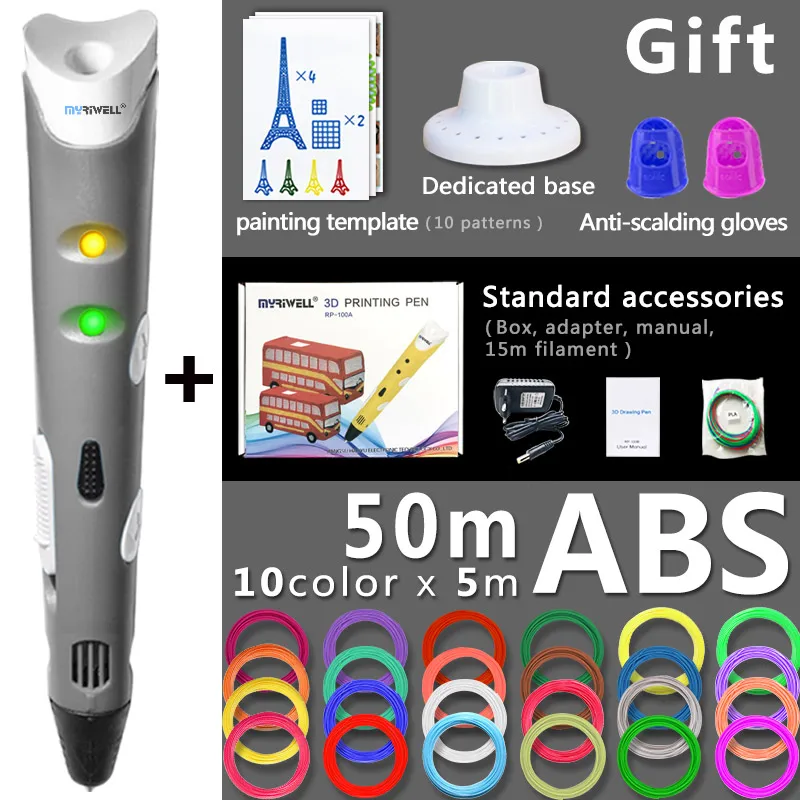 Myriwell 3d Ручка 3d ручки, 1,75 мм ABS/PLA нити, 3d модели, 3d принтер pen-3d волшебная ручка для детей подарок на день рождения Рождественский подарок - Цвет: Gray pen 50m ABS