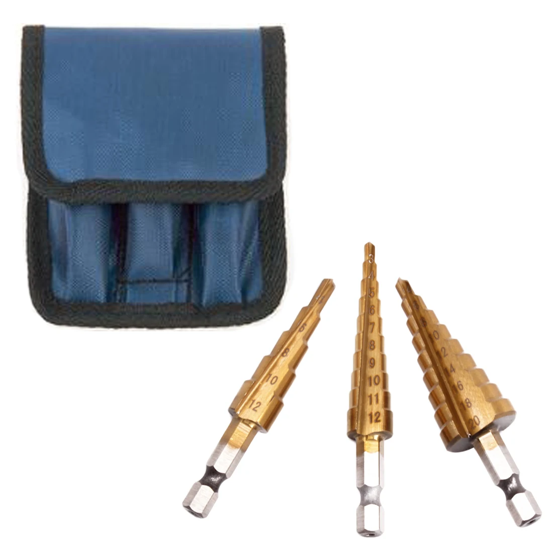 3-12mm 4-12mm 4-20mm 3pcs HSS Steel Titanium Step Drill Bits Step Cone Cutting Tools Steel Woodworking Metal Drilling WIth Bag