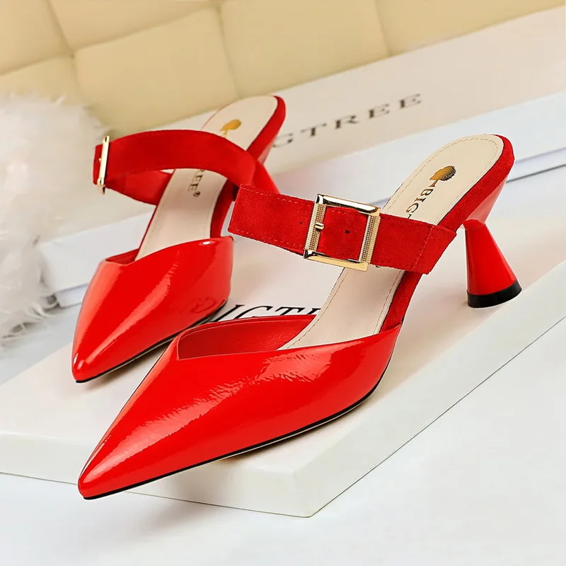 

BIGTREE Luxury Women Pumps Elegant Silk Pointed Toe metal belt buckle Hollow Word band 6.5cm Thin High Heels Party Shoes