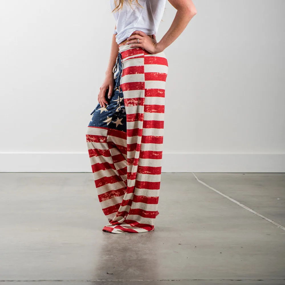 Женские полосатые брюки Модный американский флаг Drawstring широкие брюки День Независимости повседневные Леггинсы свободные брюки 4 июля