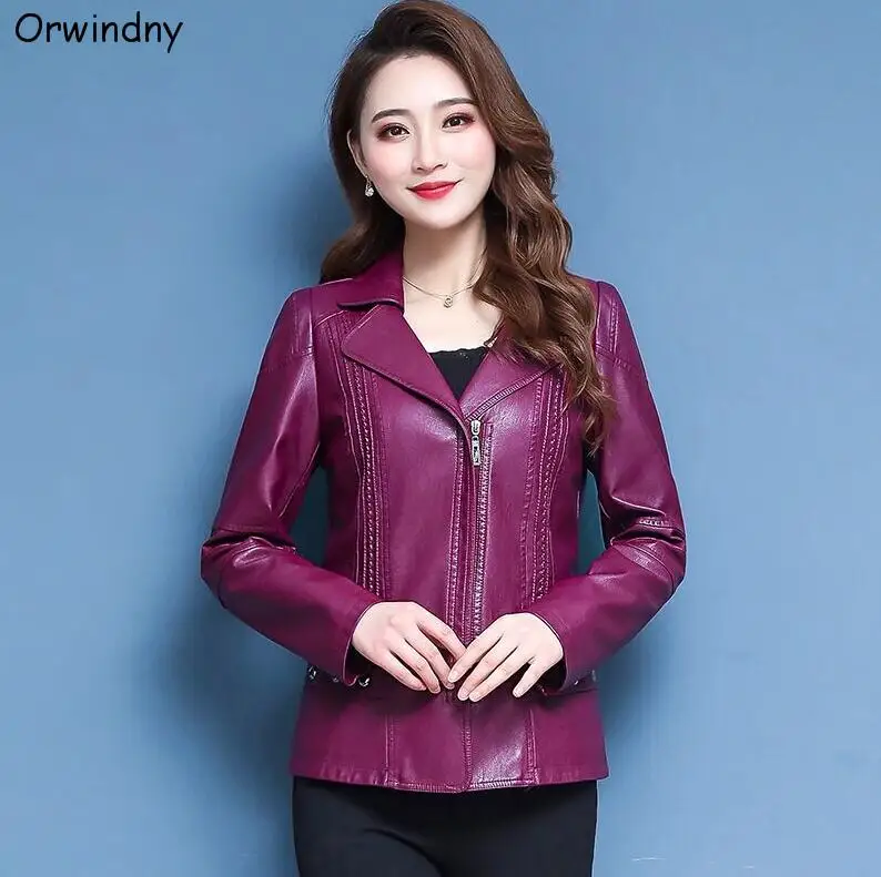 Фиолетовый Orwindny кожаная одежда для мамы размера плюс 5XL с отложным воротником модная кожаная куртка для женщин на молнии большого размера базовое пальто - Цвет: Фиолетовый