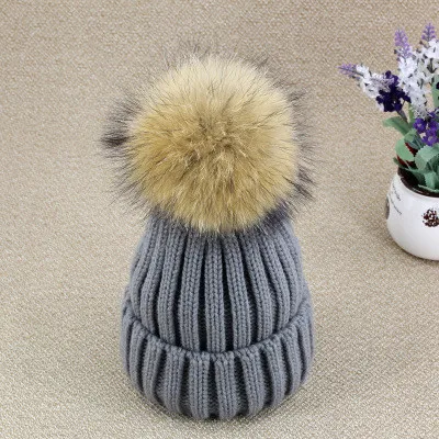 raccoon dark gray Который в душе 15 см большой настоящий помпон из лисьего меха зимняя шапка шерстяные шапочки брендовая Толстая теплая женская шапка с меховым норковым шариком - Цвет: raccoon dark gray