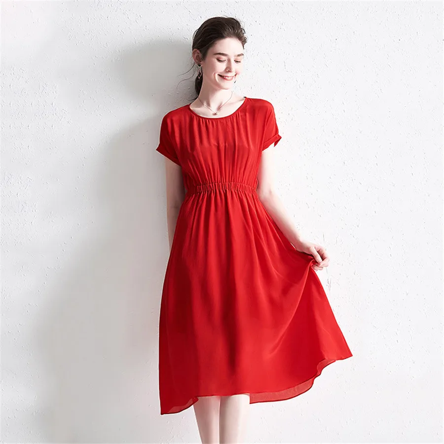 

Hodisytian Elegant Dress Women Summer Dress A-line Solid Robe Casual Noble Silk Sundress O neck Short Sleeve Vestido Femme