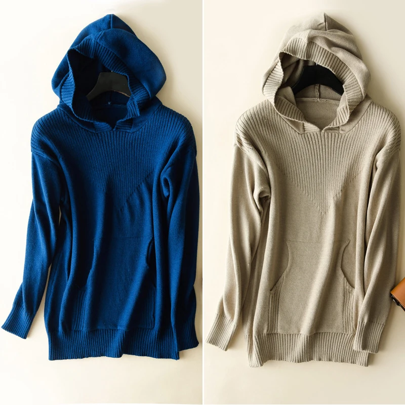 Cashmere Sweater with Hat Women Fashion Autumn Female Pullovers Knit Coat Blouse Winter Knitwear 2XL | Женская одежда