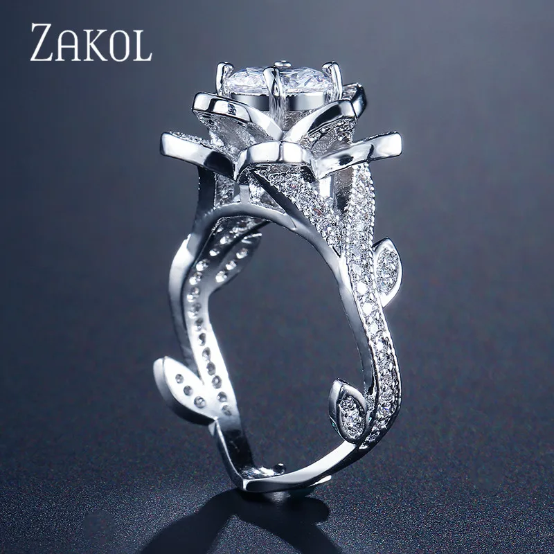 ZAKOL роскошное Серебряное кольцо для невесты с цветком для женщин с AAA кубическим цирконием, объемное свадебное ювелирное изделие FSRP2043