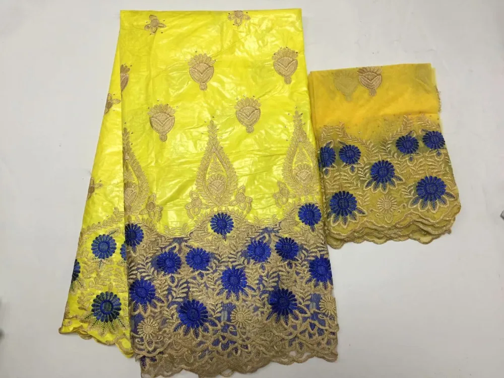 

Желтый цвет французский африканский Базен Riche кружевной ткани с камнями 5 + 2 стиль нигерийский вышитые бассейна Свадебные платья Кружева PBZ