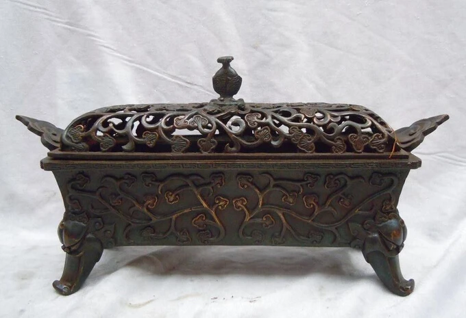 17 см Китайский бронзовый резные цветочным узором Курильница скульптура подарок